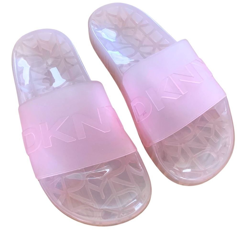 DKNY Women's Sandals Tami Logo Jelly Pool Slides Frosted Clear Pink Size 6 NWOT